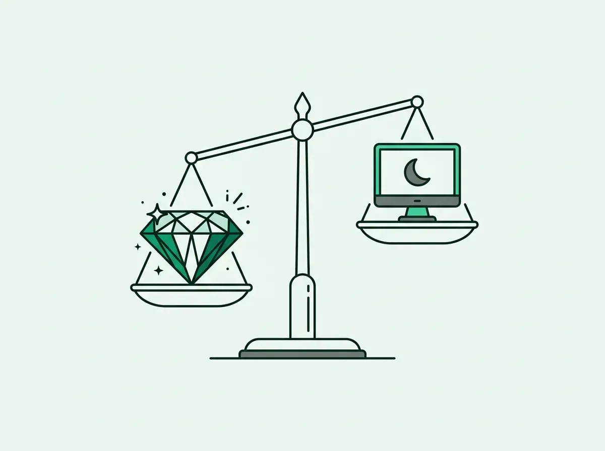 An illustration of a scale weighing a large diamond (data quality) against a computer monitor (availability), with quality being heavier.