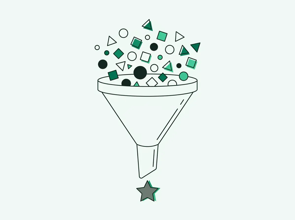 An illustration of a funnel filtering various shapes, with only a single star shape emerging at the bottom.