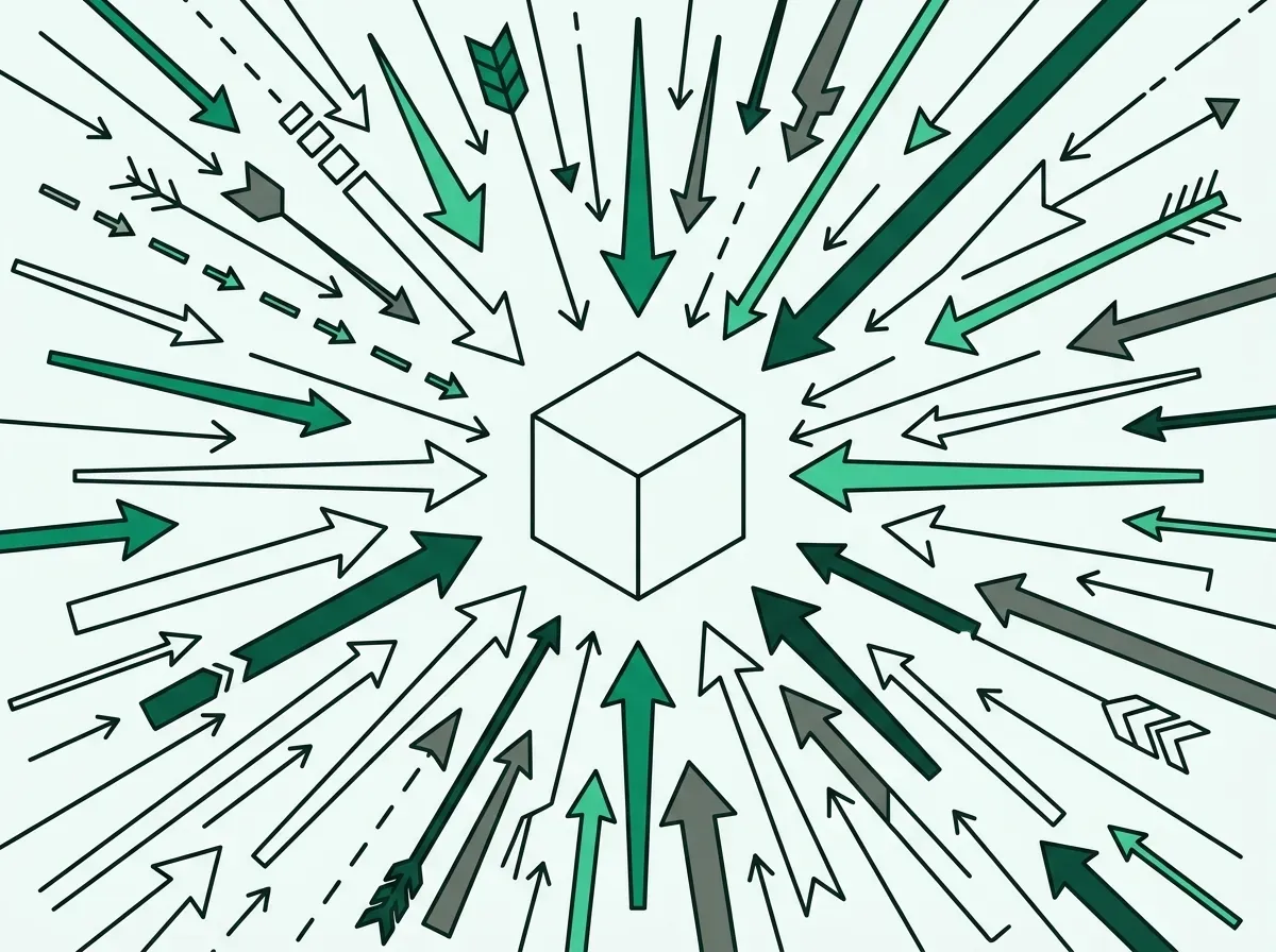 An illustration of a central object being targeted by a chaotic swarm of arrows from all directions.
