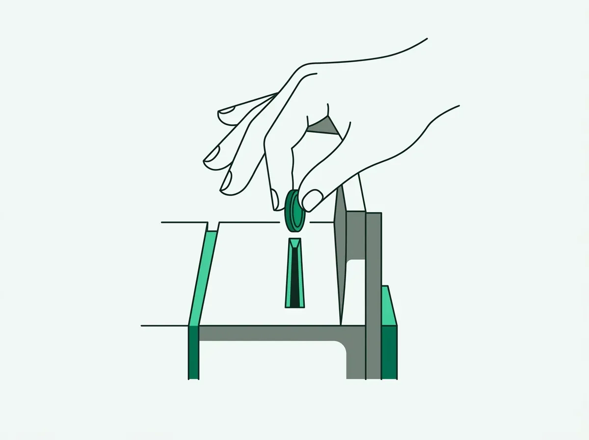 A hand carefully drops a single coin into a narrow slot, representing rationing due to per-credit costs.