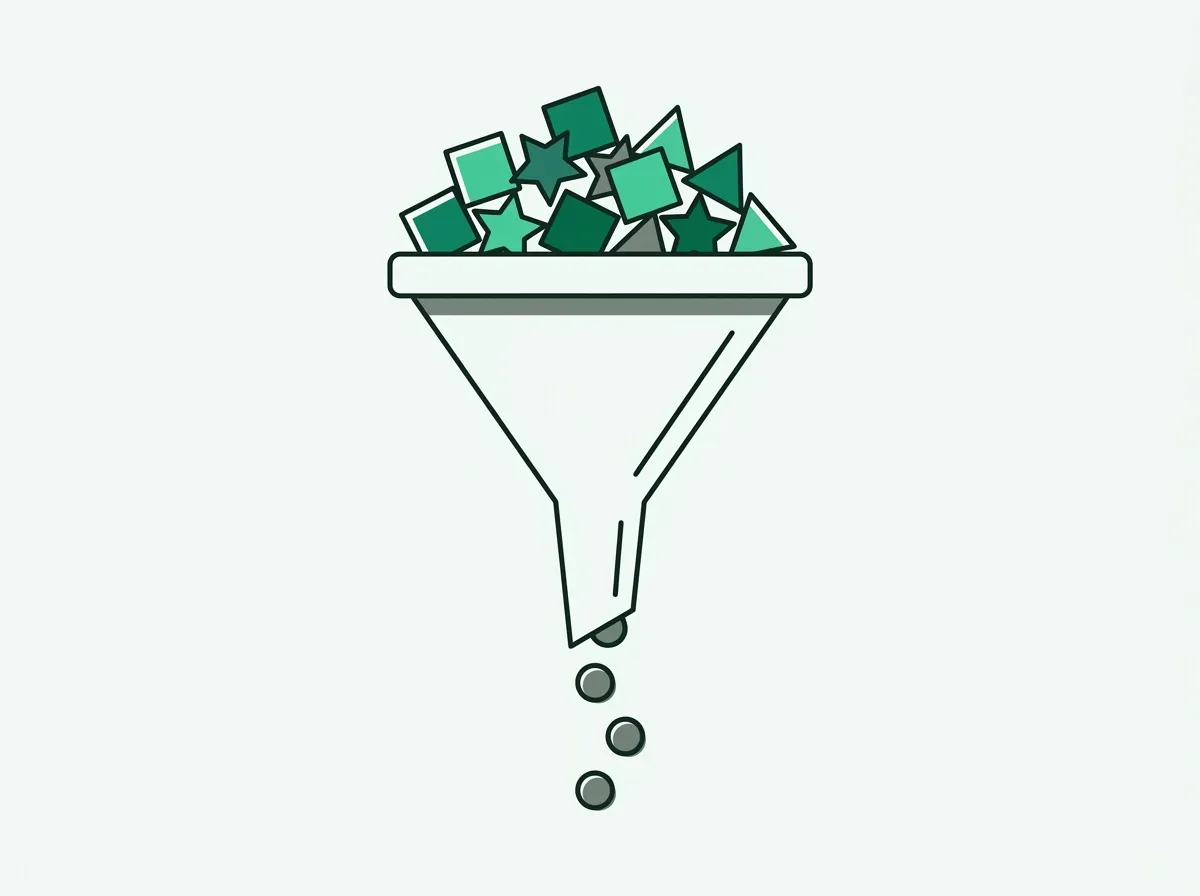 A narrow funnel allows only a few identical shapes to pass, while diverse shapes are blocked, symbolizing over-filtering.
