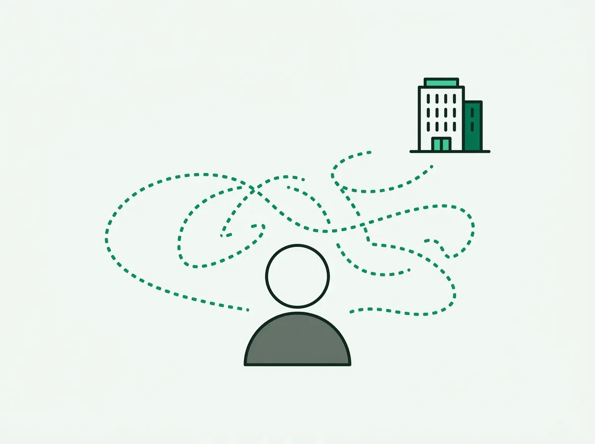 An illustration showing a broken connection between an anonymous user avatar and a company building, representing a signal problem.