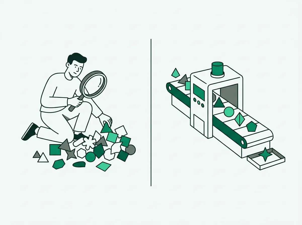 A side-by-side comparison of a manual process versus a clean, automated system for sorting information.