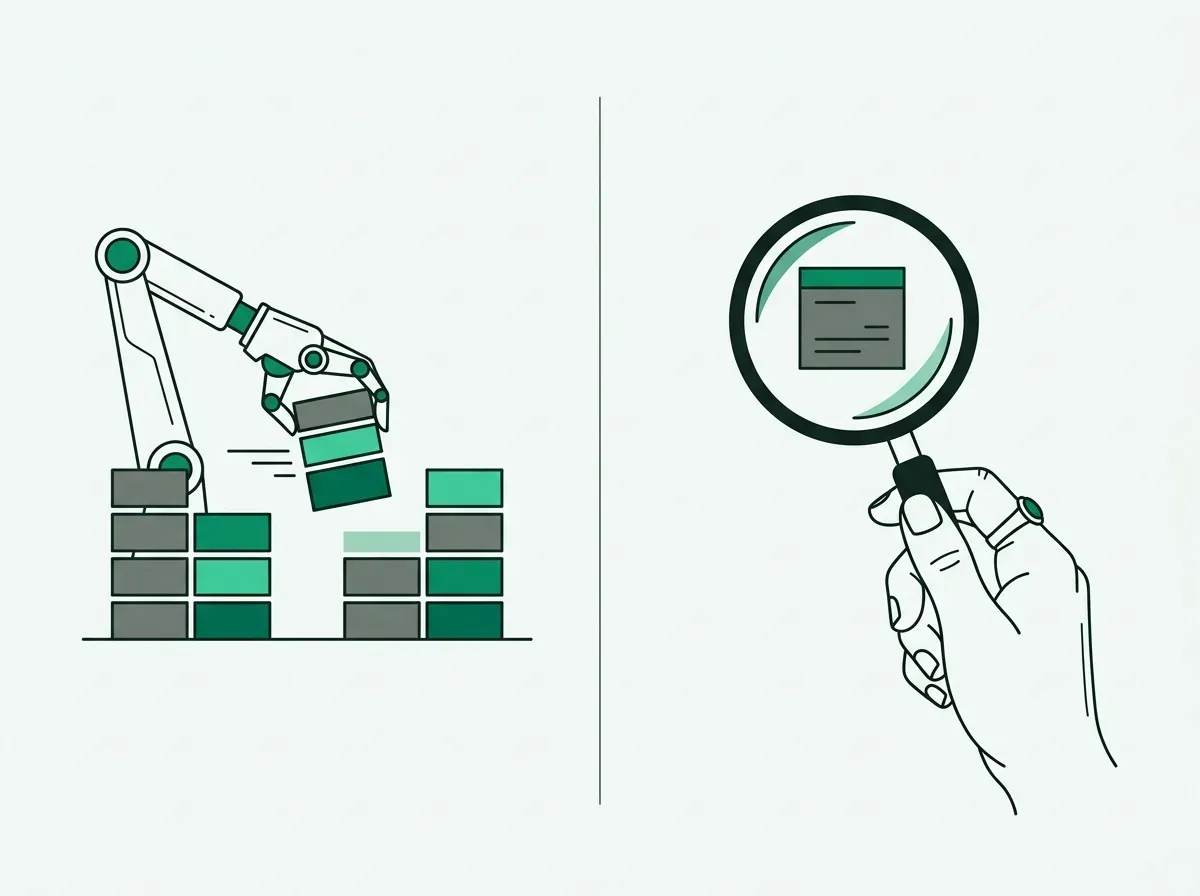 An illustration comparing a robot arm quickly sorting blocks to a human hand carefully inspecting one block.