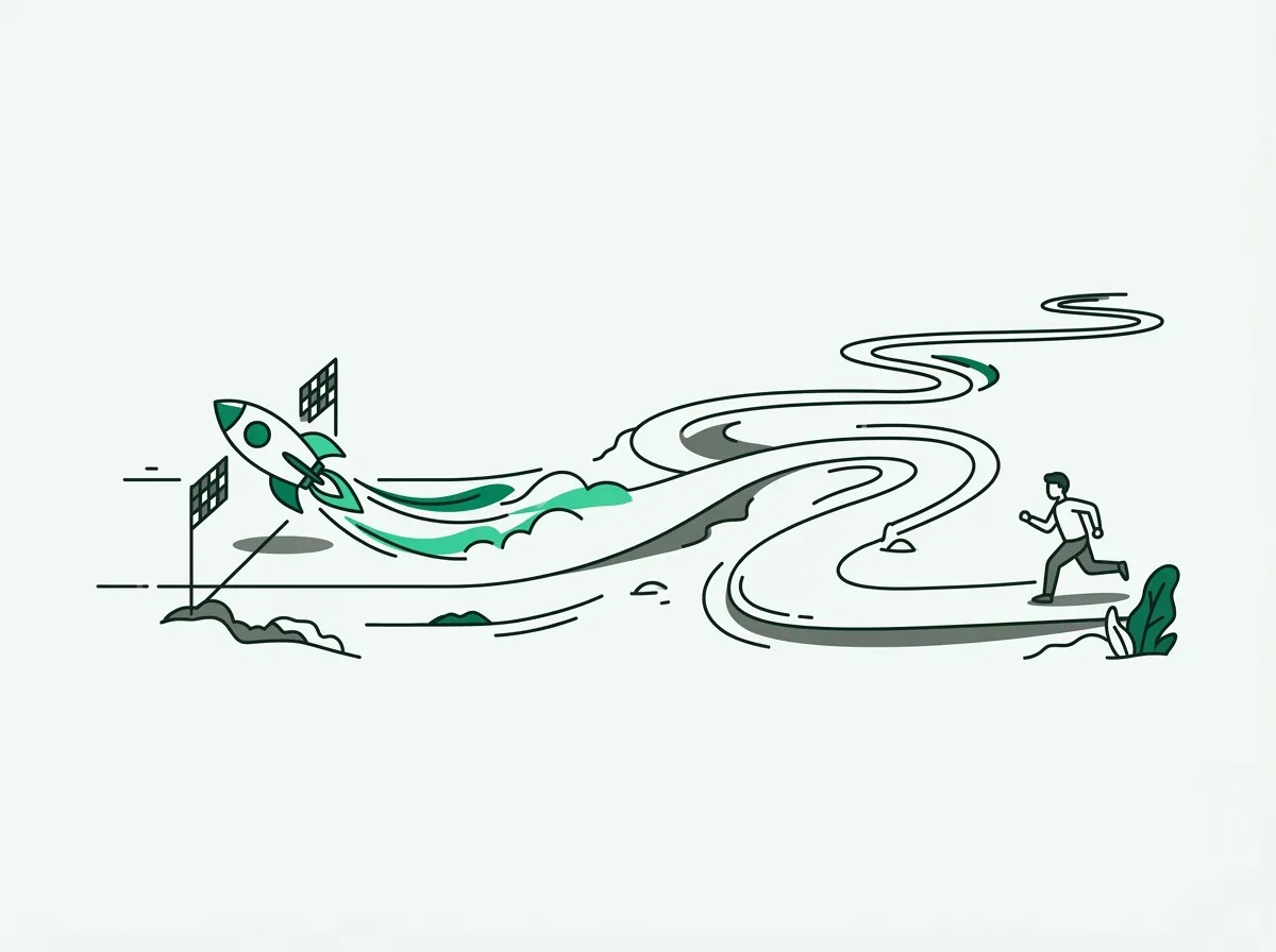 An illustration of a rocket that has finished a race, while a person is still running far behind on the track.