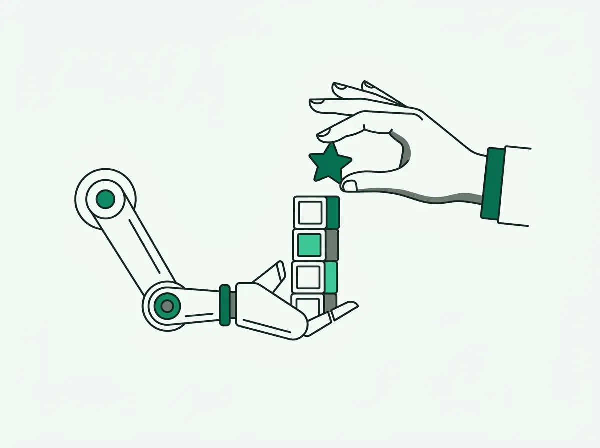 An illustration of a robot arm handing a stack of blocks to a human, who adds a special star-shaped block on top.