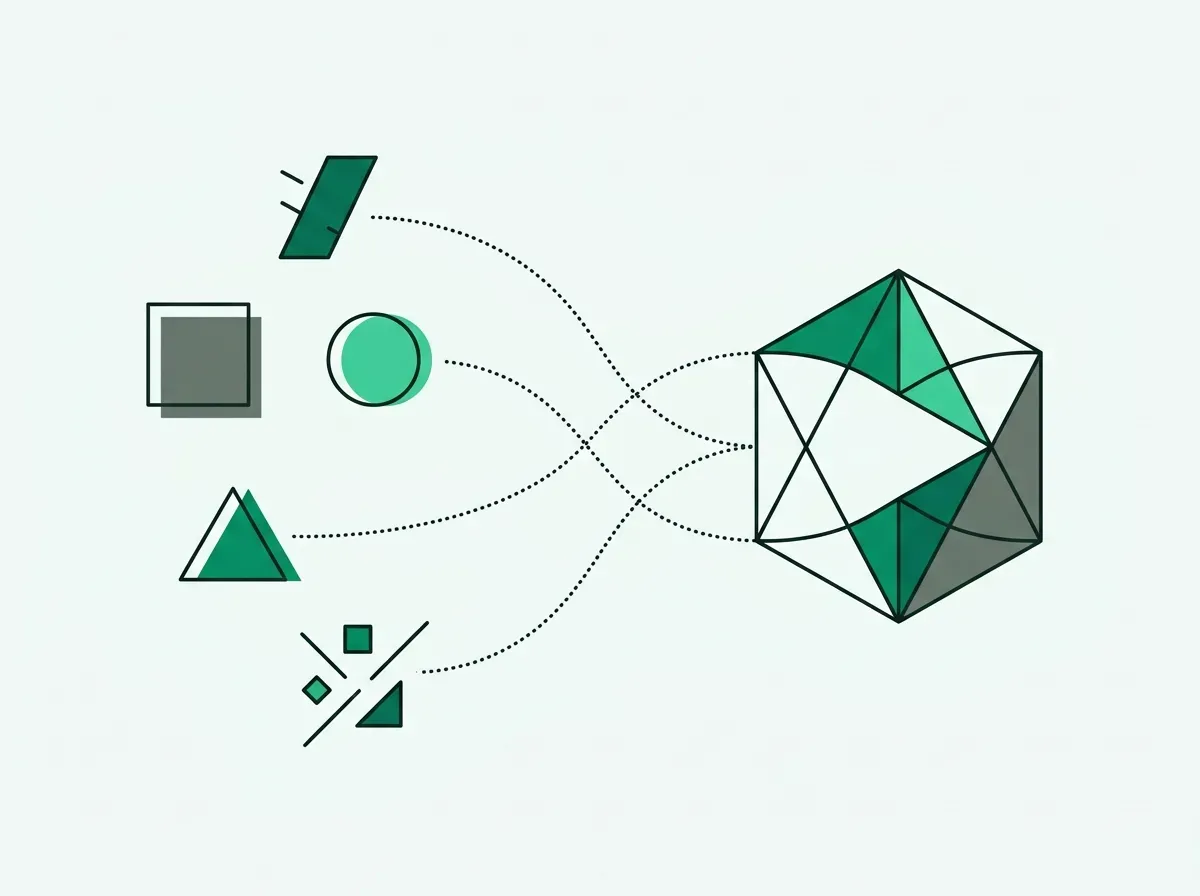 Abstract shapes on the left are connected and transformed into a single unified structure on the right.