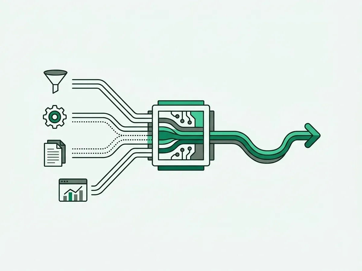 Illustration of multiple data streams flowing from different sources, converging into a central point, and exiting as one stream.