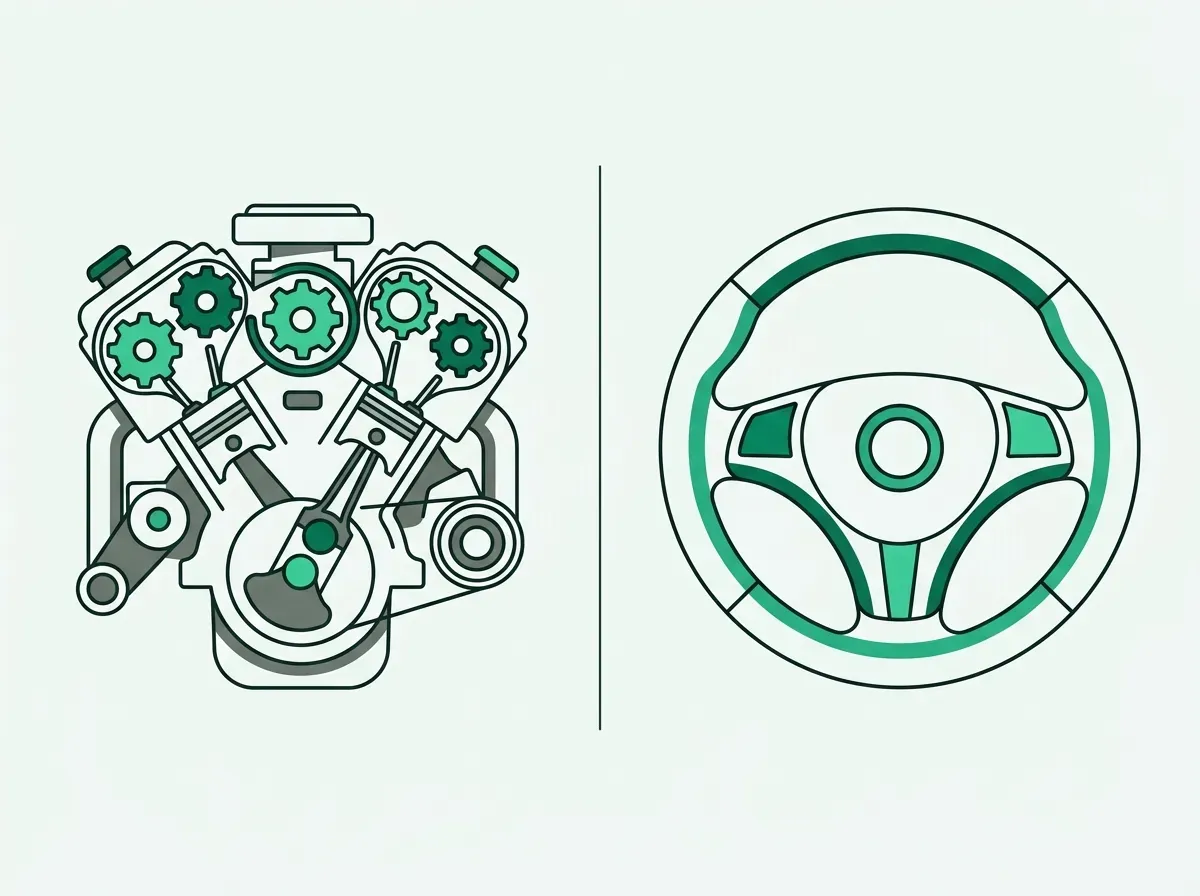 A split image showing a car engine on one side and a steering wheel on the other, representing two different roles.