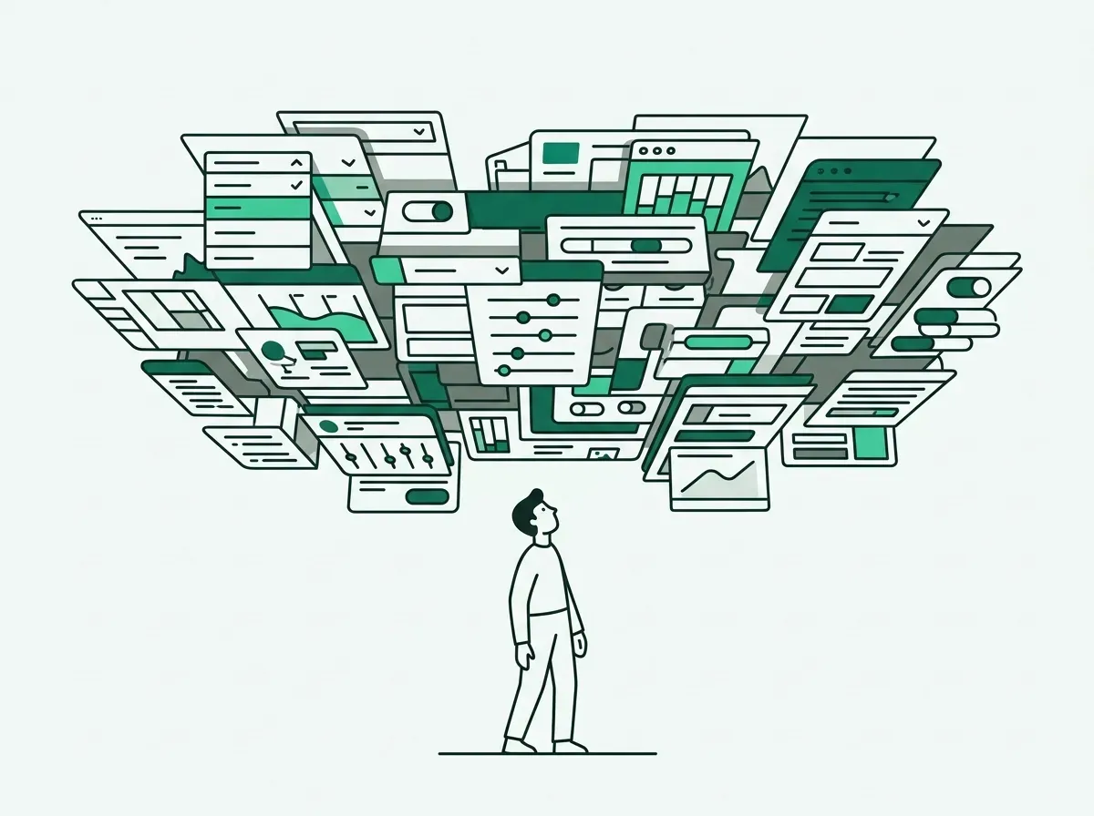 An illustration of a person standing under a low ceiling made of complex search filters, representing a bottleneck.