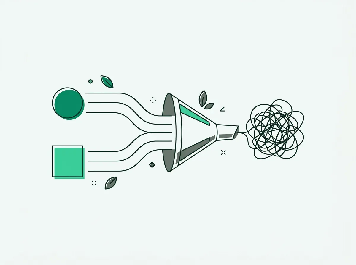An illustration showing two clear streams merging into a funnel and coming out as a single tangled scribble, representing a confusing query.