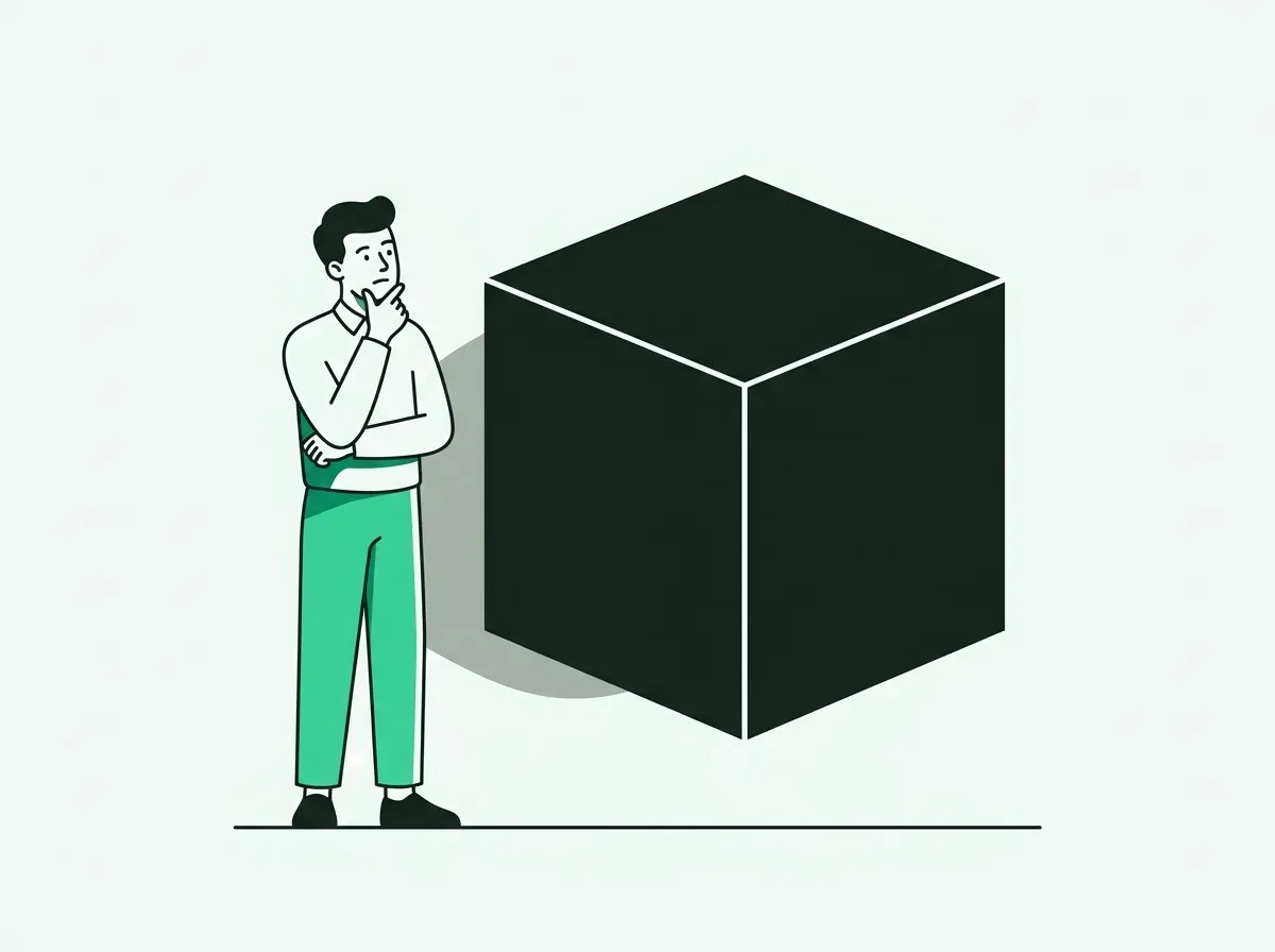 An illustration of a person looking confused at a mysterious black box, representing opaque intent data.