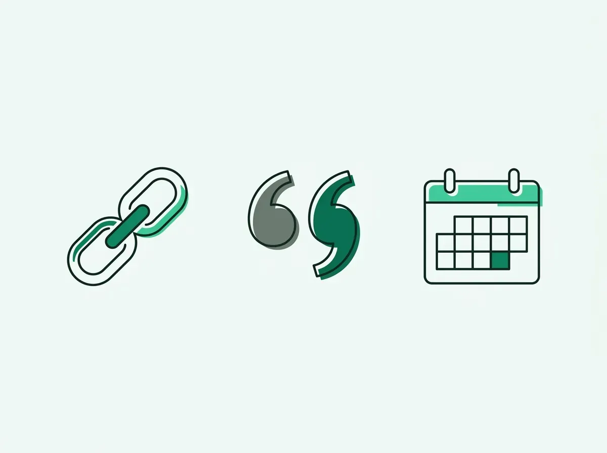 An illustration of three icons: a chain link, quotation marks, and a calendar, representing the components of verifiable proof.