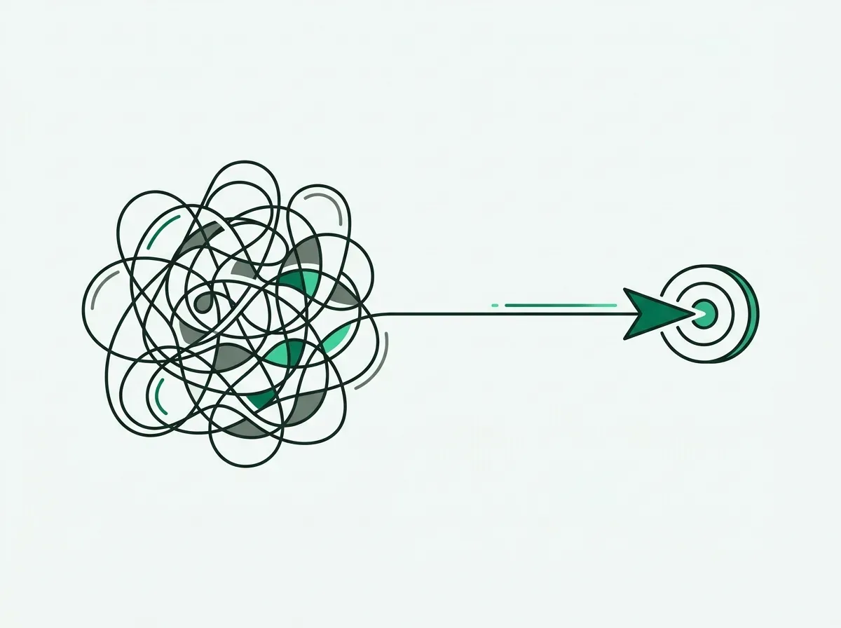 An illustration of a tangled line becoming a straight arrow hitting a target, symbolizing a shift from guesswork to precision.