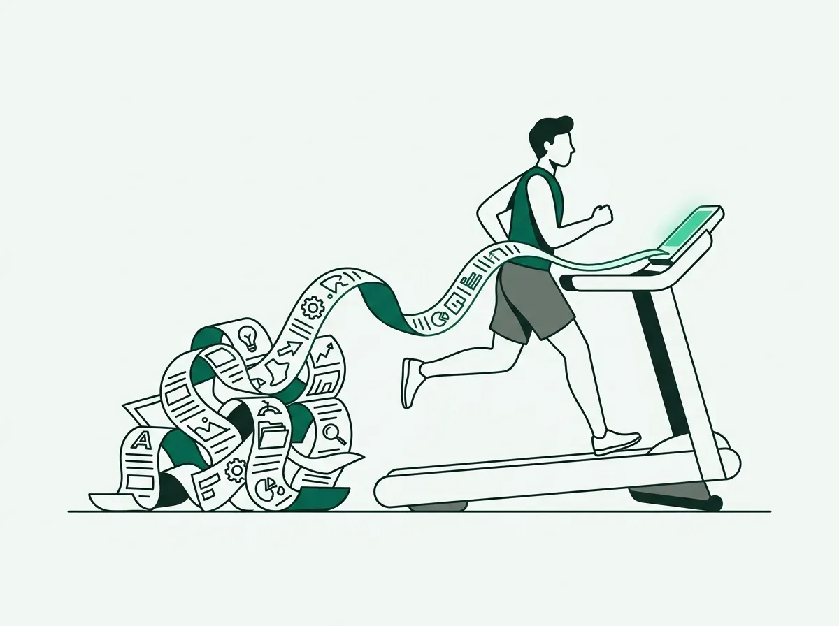 An illustration of a person on a treadmill that produces an endless, messy list, symbolizing wasted effort.