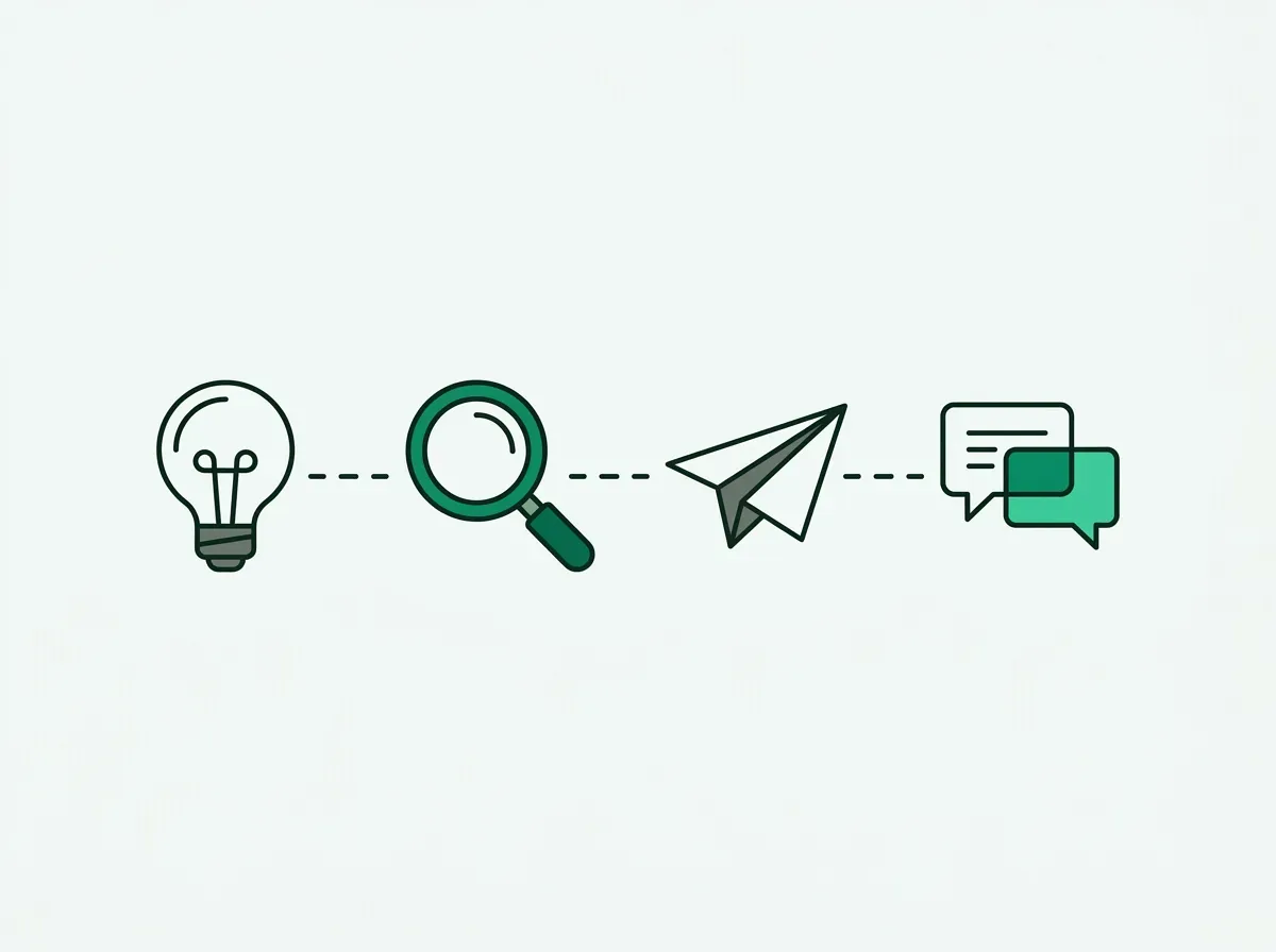 An illustration showing a four-step process: idea, generation, outreach, and reply, represented by simple icons.