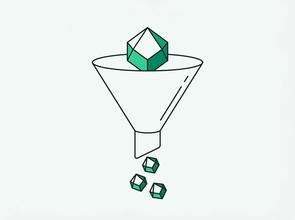 An illustration of a funnel turning a single high-quality input into multiple high-quality outputs.