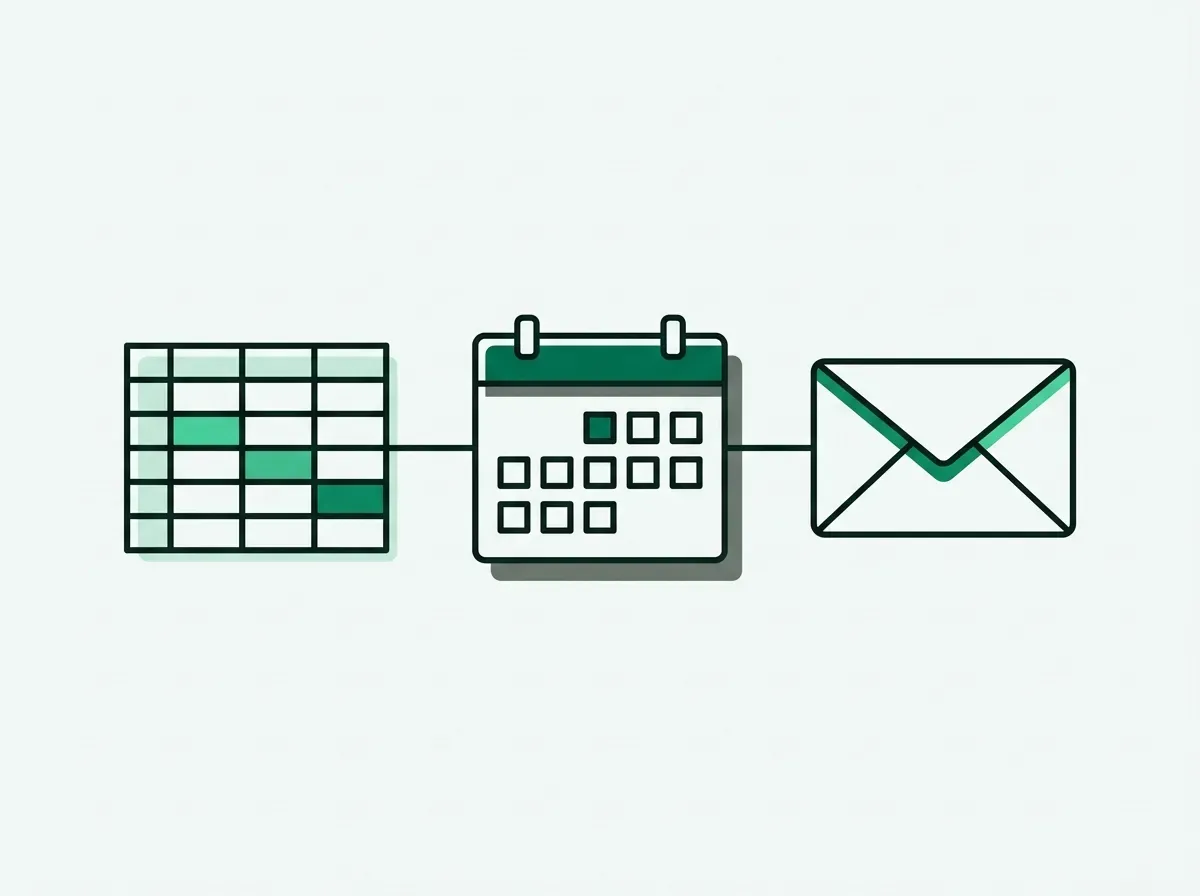 An illustration of a spreadsheet, calendar, and email icon connected in a line, representing a simple sales stack.