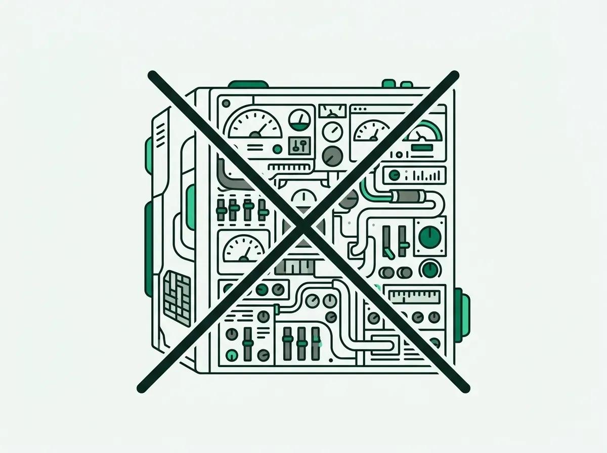 An illustration of a large, complicated machine being crossed out, symbolizing complex tools to avoid.