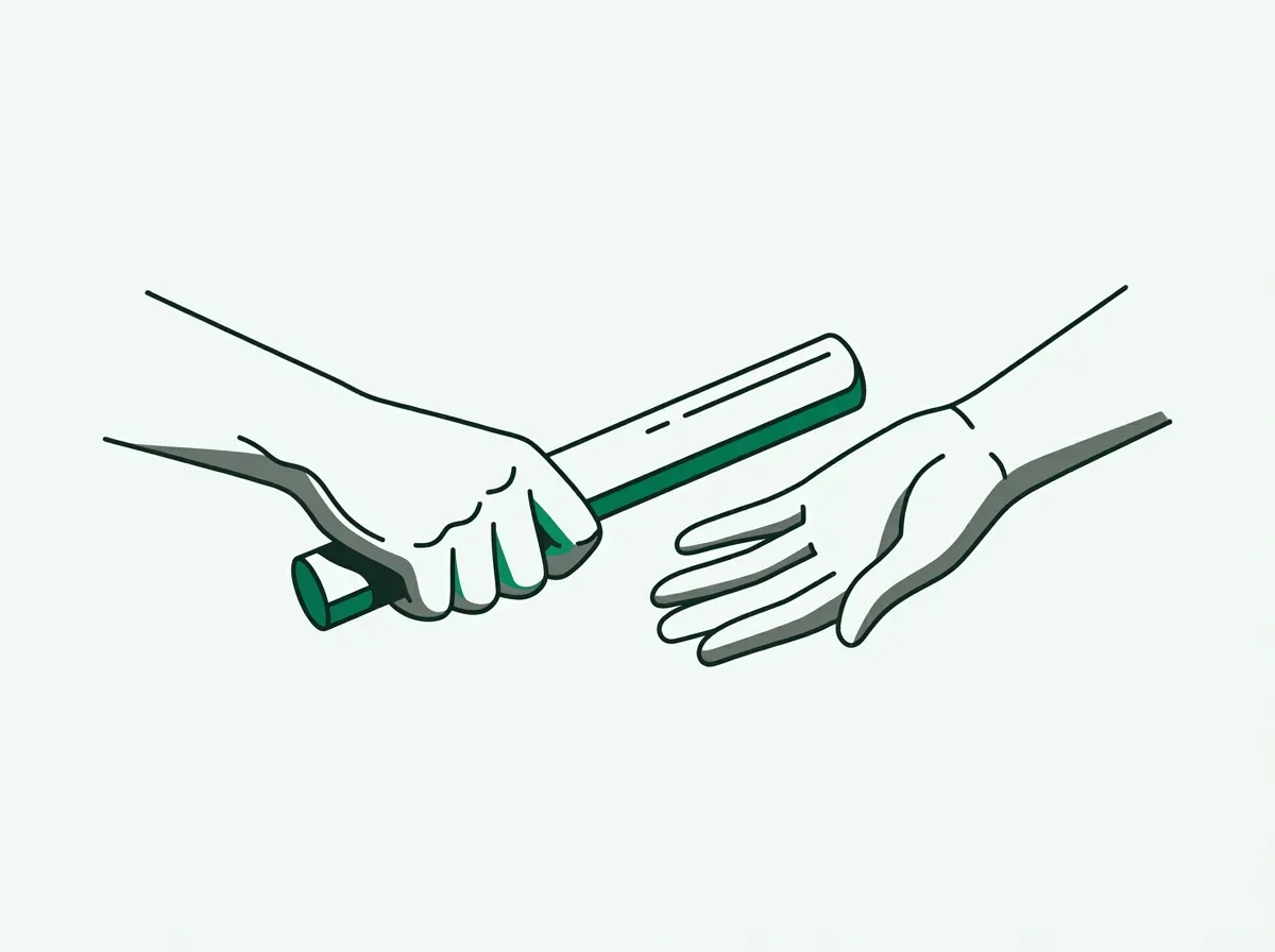 An illustration of one person handing a baton to another in a relay race, representing the handoff to a new salesperson.