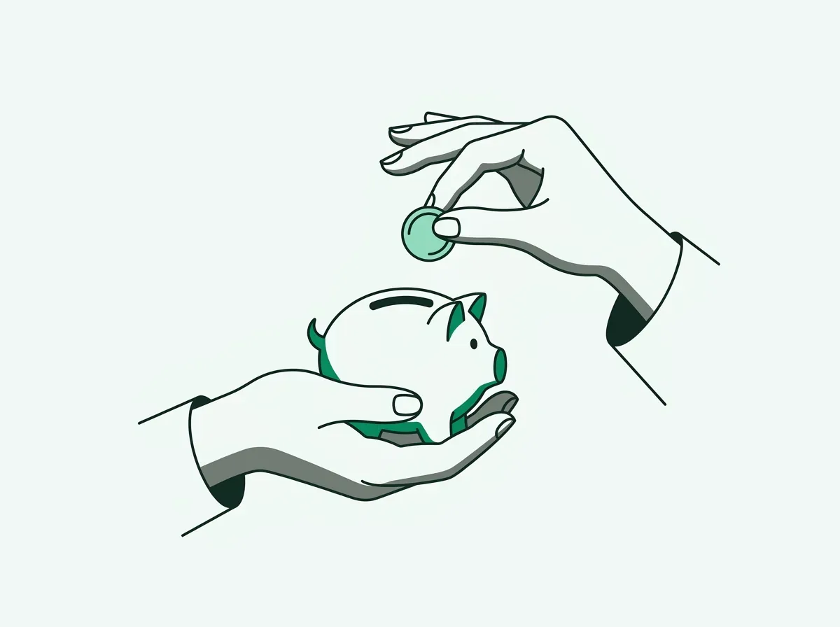 A person hesitates to put a single coin into a piggy bank, representing a scarcity mindset.