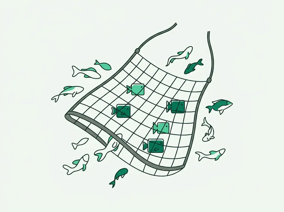 A rigid fishing net only catches perfectly square fish, symbolizing how over-filtering misses good leads.