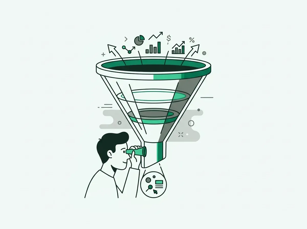 An illustration of a person looking through a funnel, symbolizing a narrow and restricted search process.