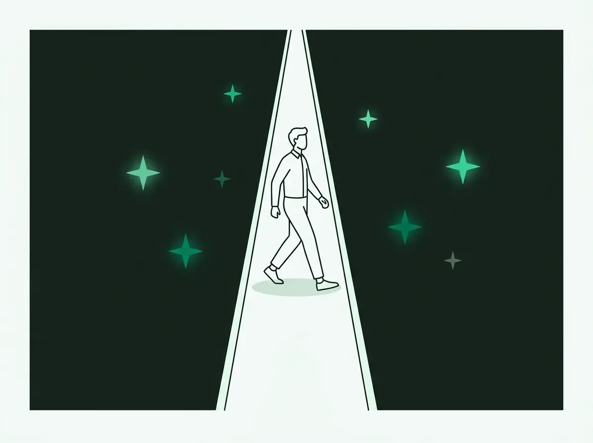 A person on a narrow path ignores glowing stars just outside it, representing missed opportunities.