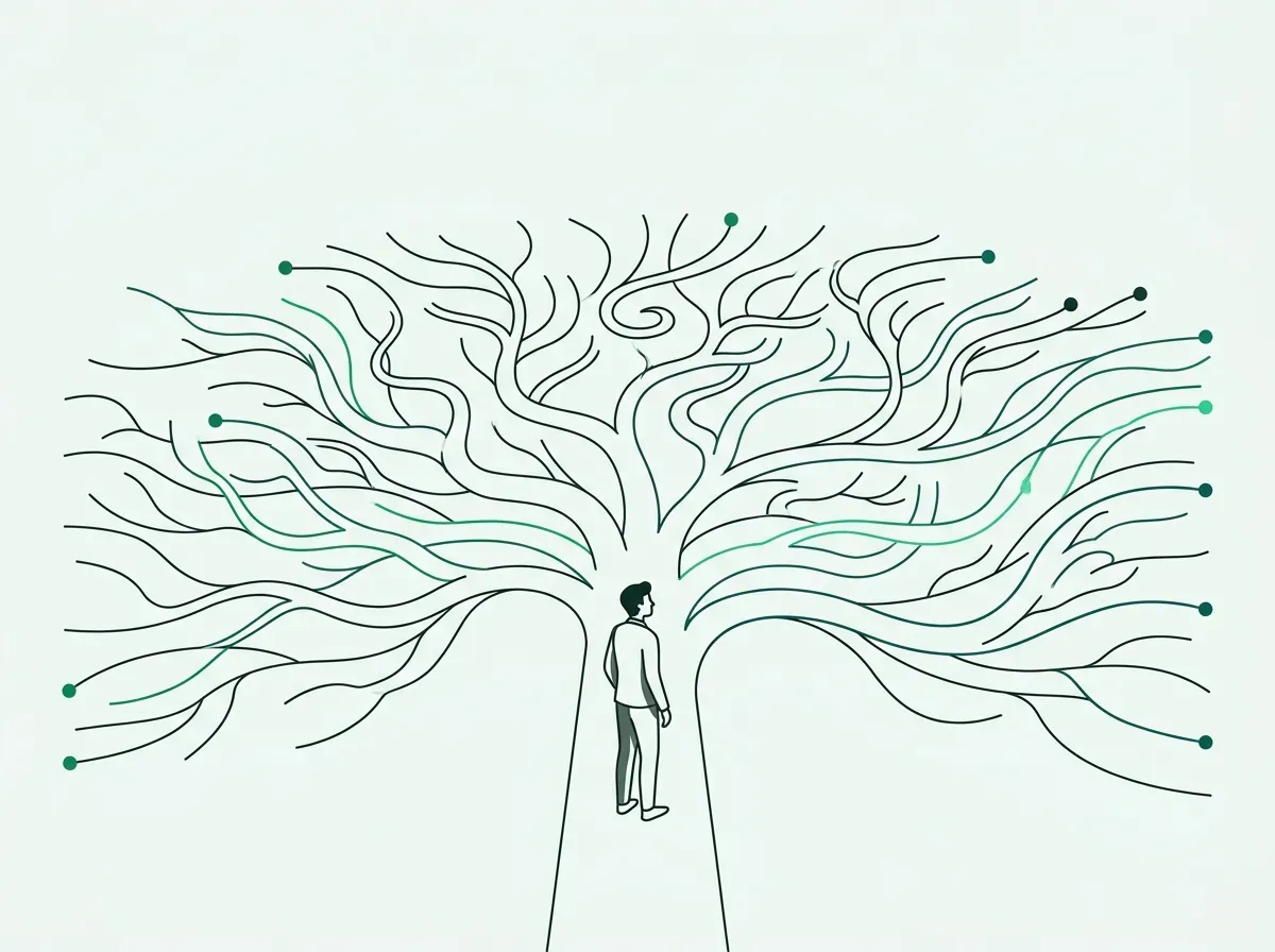 An illustration of a person facing a wide network of branching paths, symbolizing the freedom to explore.