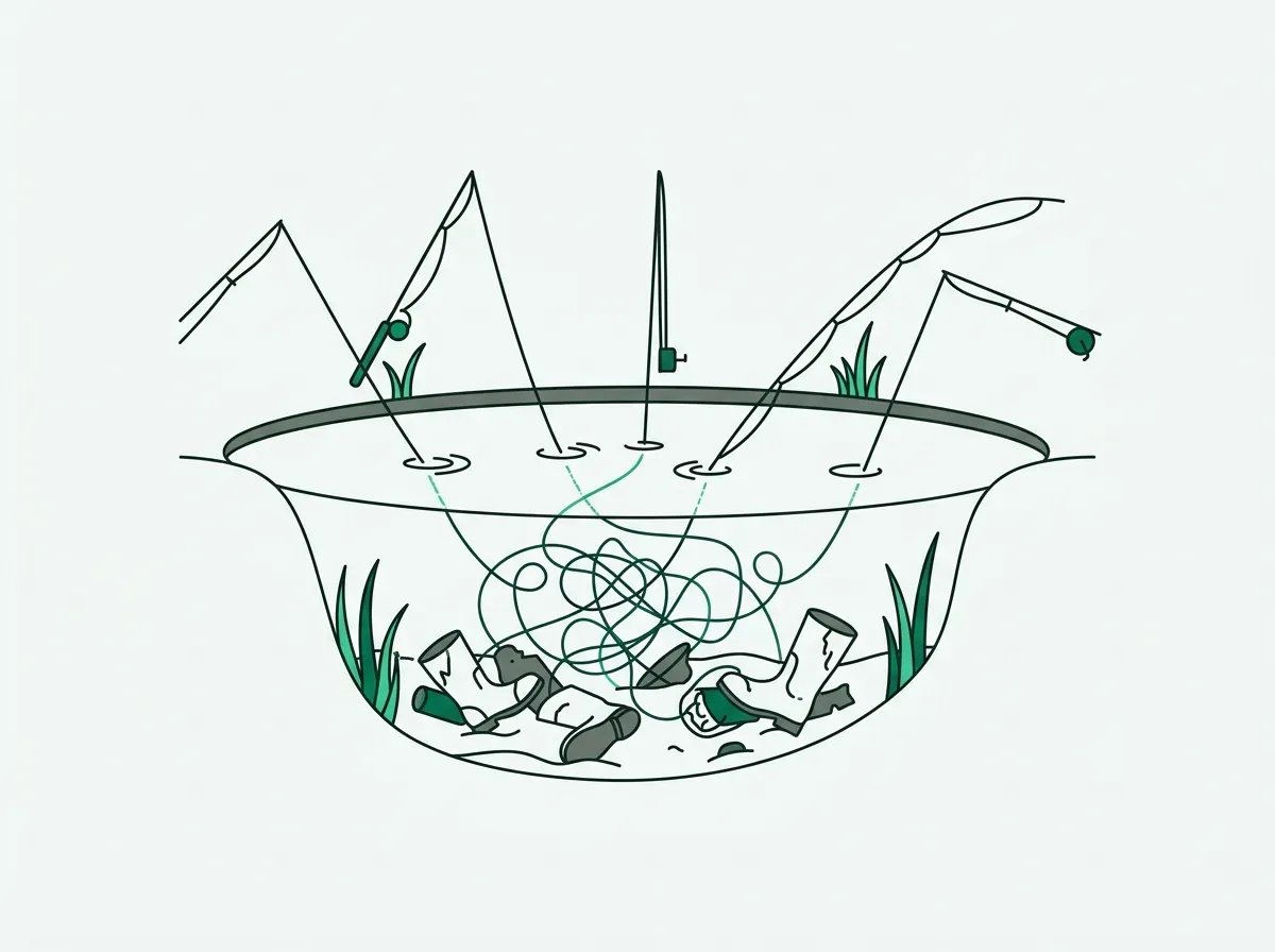 Multiple tangled fishing lines in a small pond, representing saturated and ineffective prospecting data.