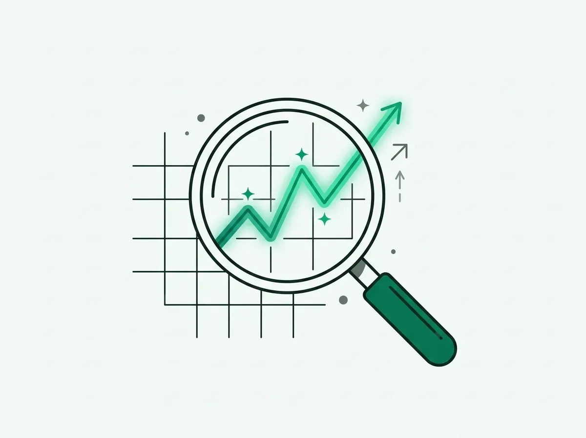 A magnifying glass revealing a hidden, glowing signal on a grid, symbolizing the search for dynamic data.