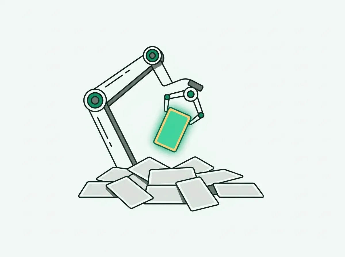 A robotic arm precisely selecting a single glowing card from a pile, representing the automation of targeted research.