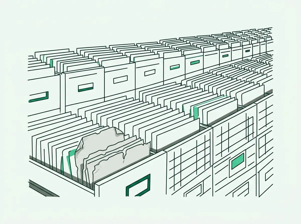An illustration of a vast database of cards, with one card in the foreground appearing old and faded.