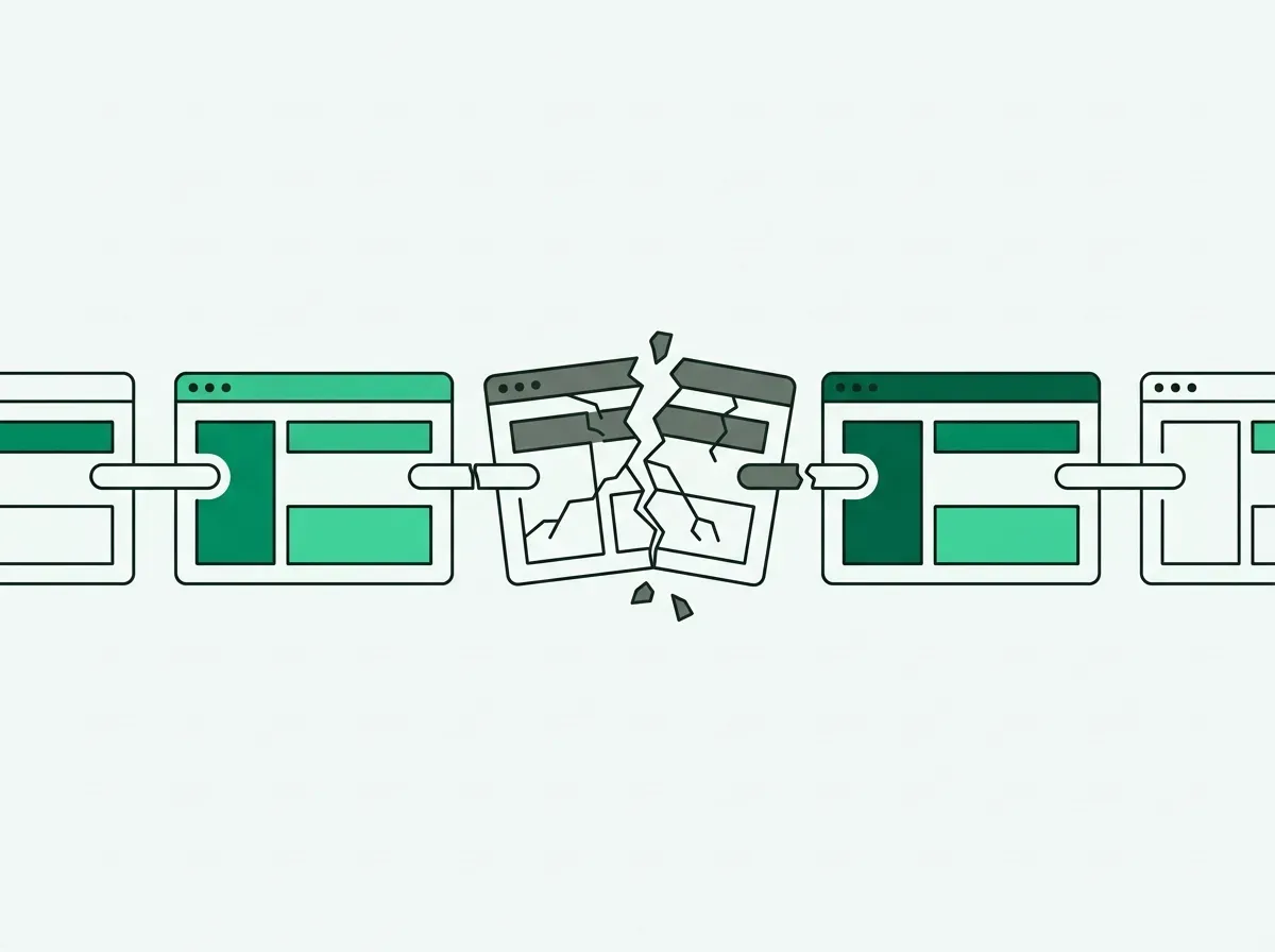 An illustration of a chain made of browser windows, with one link in the chain shown as broken.