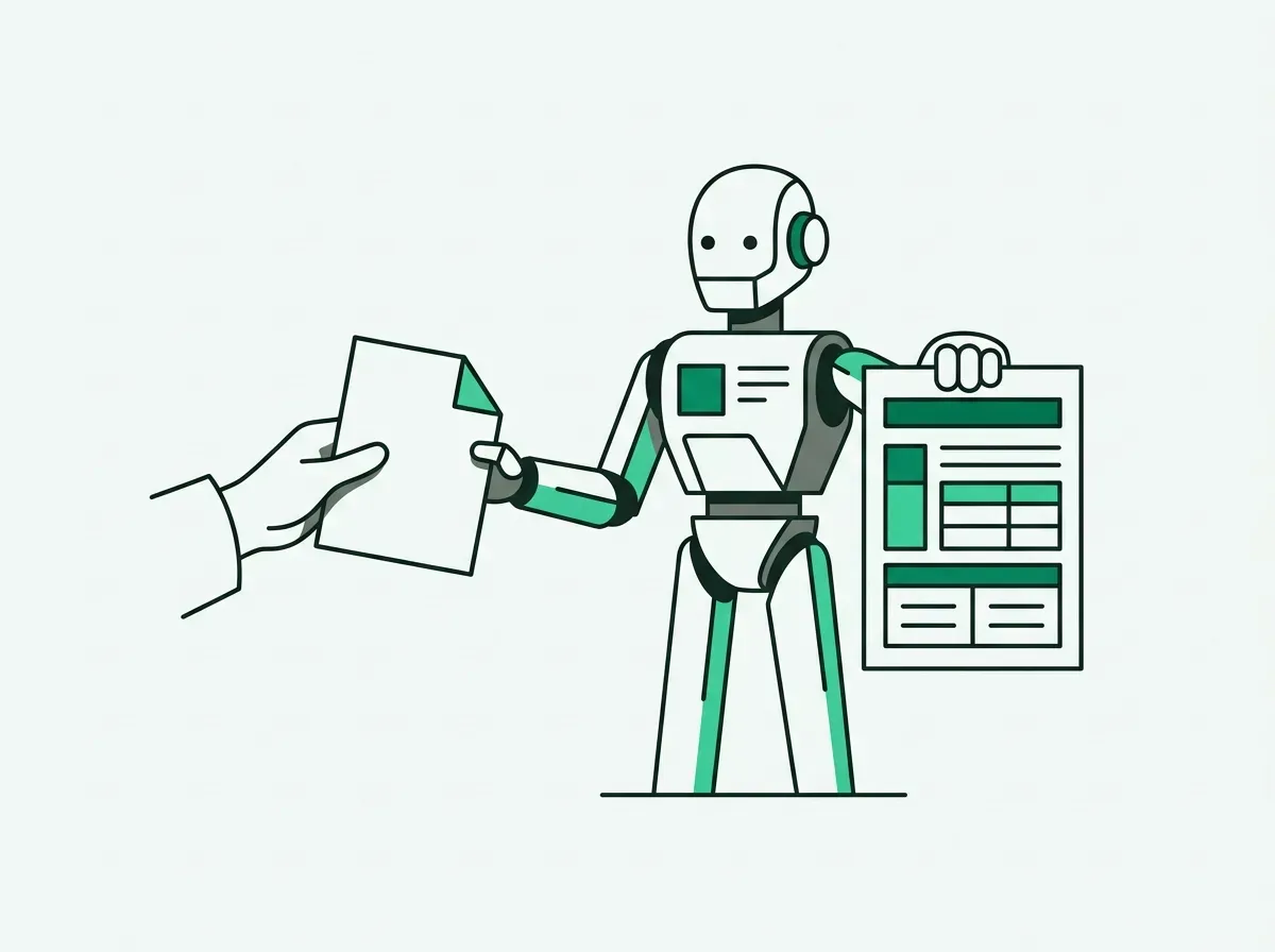 An illustration of a human hand giving a request to a robot, which returns a perfect data sheet.