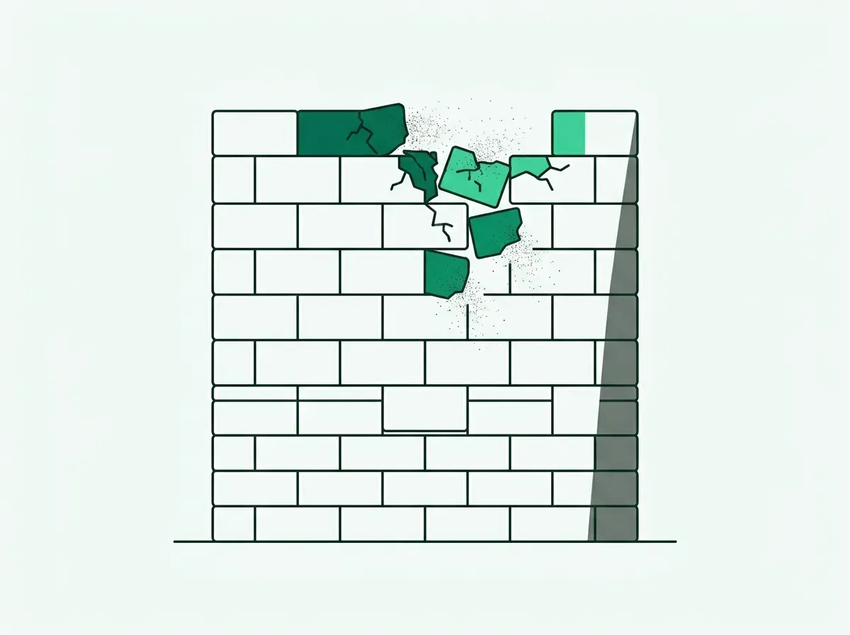 A wall made of data blocks is crumbling, representing the decay and obsolescence of old prospecting methods.