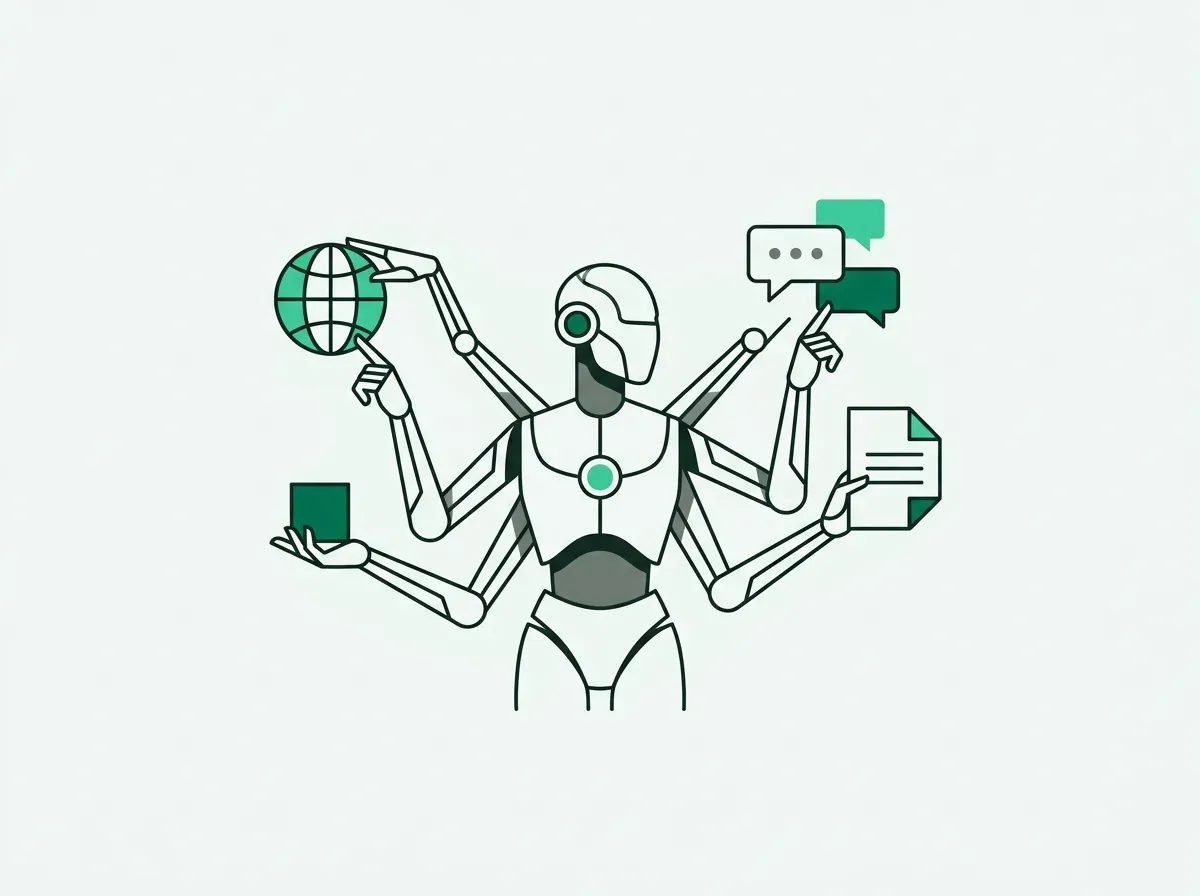 An autonomous AI agent with multiple arms simultaneously researching different data sources like the web and documents.