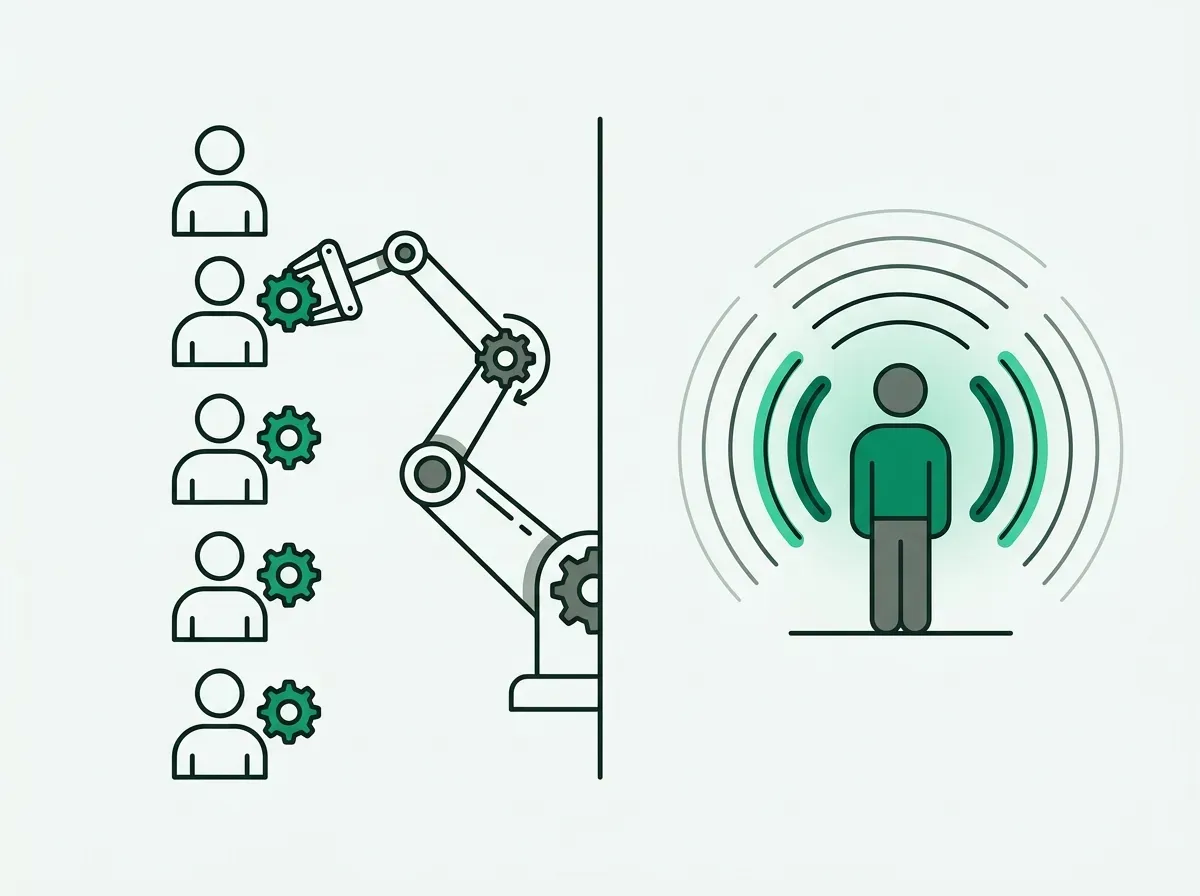 An illustration contrasting a machine adding data to a list of people versus a single person emitting a signal of intent.