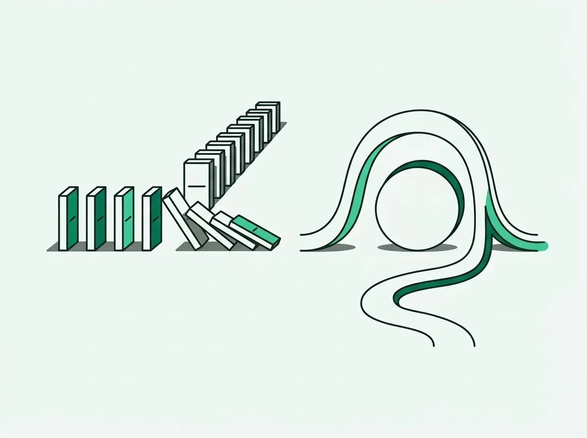 An illustration showing a rigid, broken path next to a fluid, adaptable path that navigates an obstacle.