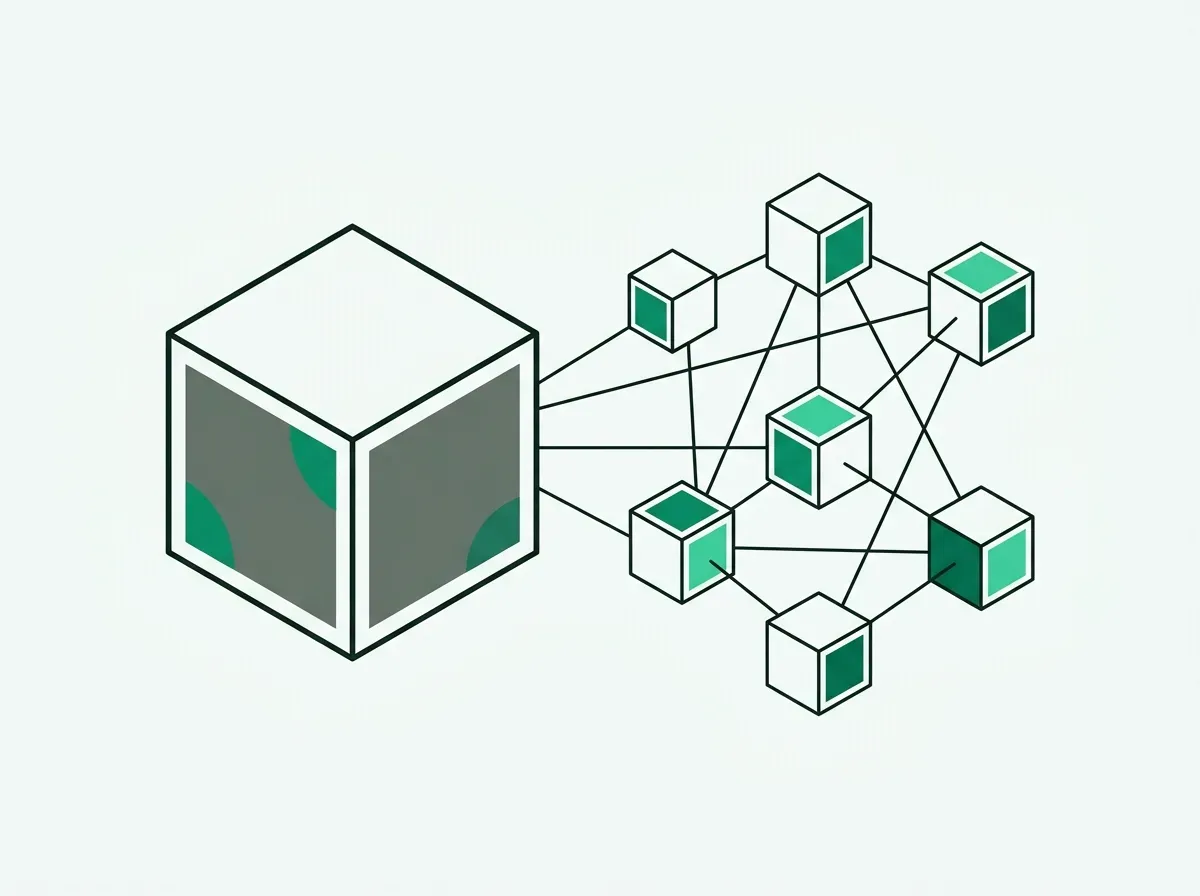 An illustration showing a single large block on the left and a network of interconnected smaller blocks on the right.