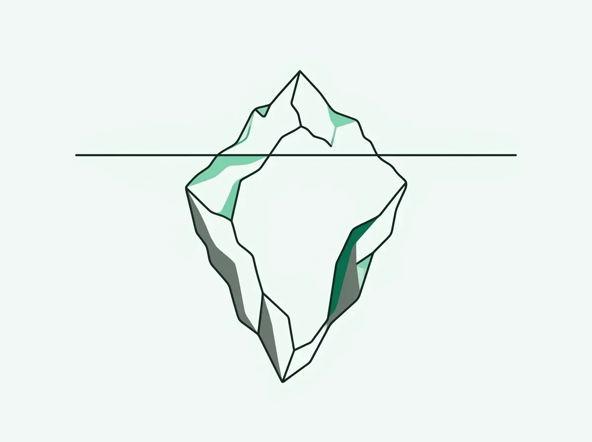 An illustration of an iceberg with a small tip visible above the water and a massive, hidden base below.