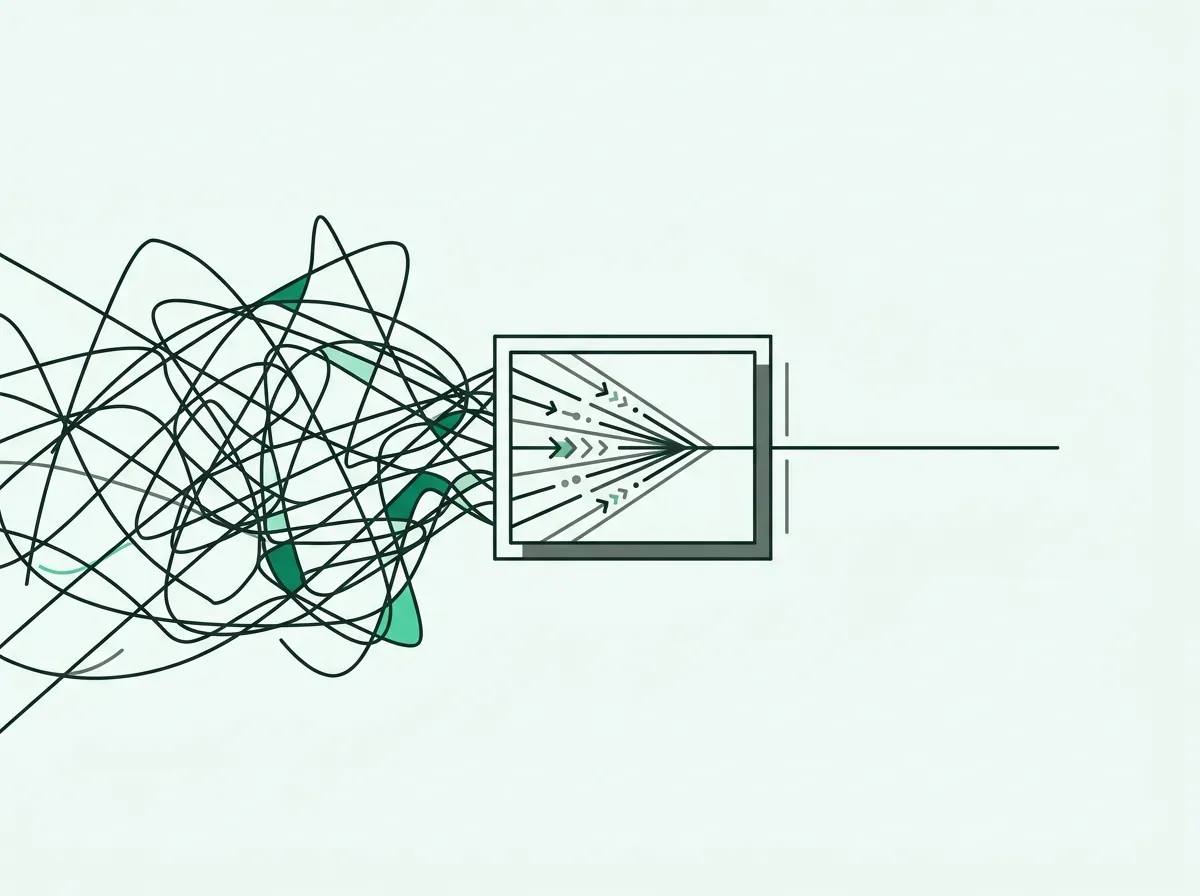 An illustration showing a tangled mess of lines being simplified into a single straight line by a central process.