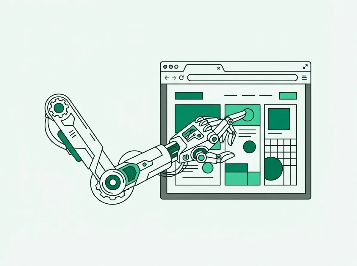 An illustration of a robotic arm using a web browser, symbolizing an AI agent interacting directly with the live web.