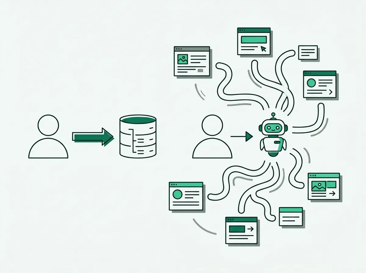 A visual comparison between a direct database query and an AI agent performing dynamic research on the web.