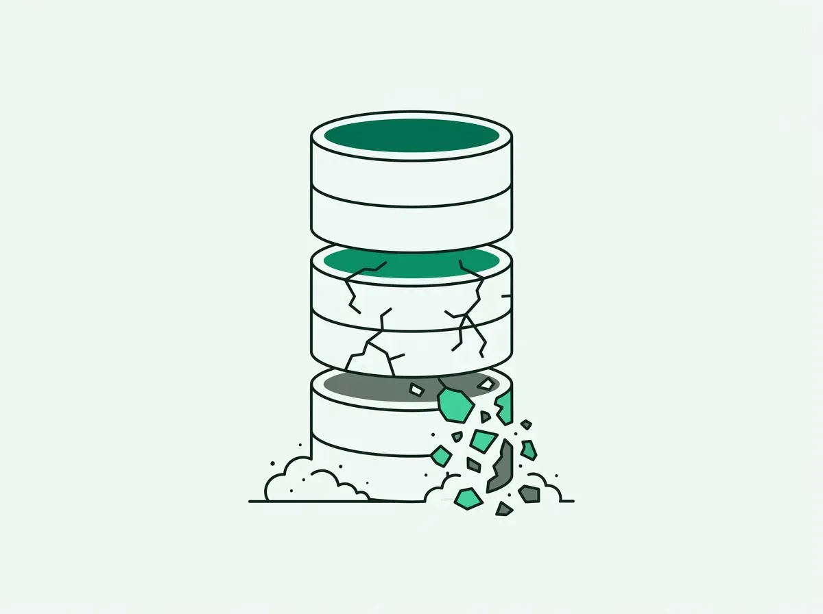 An illustration of a stack of database cylinders, showing the top one intact while the bottom one crumbles away, representing data decay.