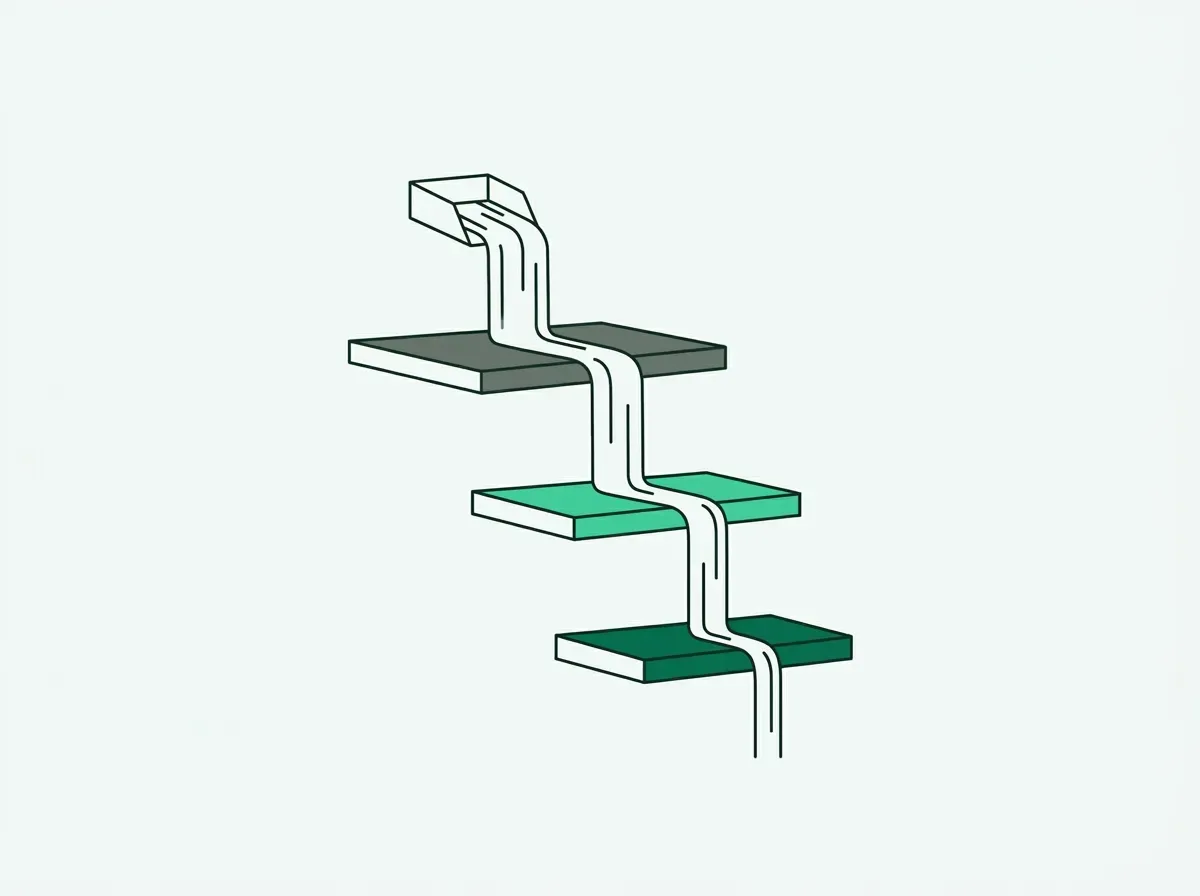 An illustration of a waterfall flowing over three steps, with the stream of water diminishing at each step down, representing data loss.