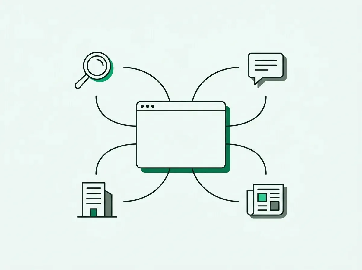 An illustration of a browser window connecting to icons for search, social media, news, and company websites, representing real-time research.
