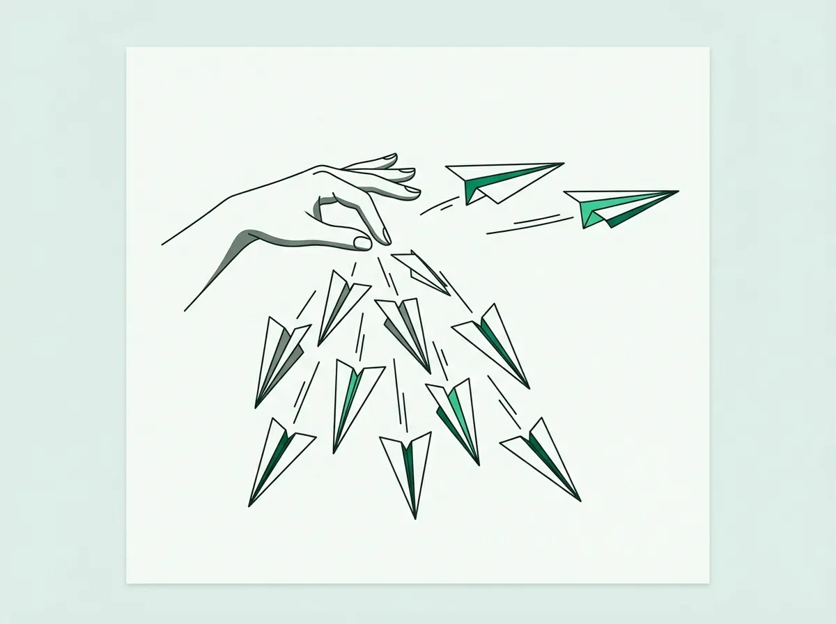 An illustration of a hand releasing paper airplanes, with most of them falling, symbolizing ineffective outreach.