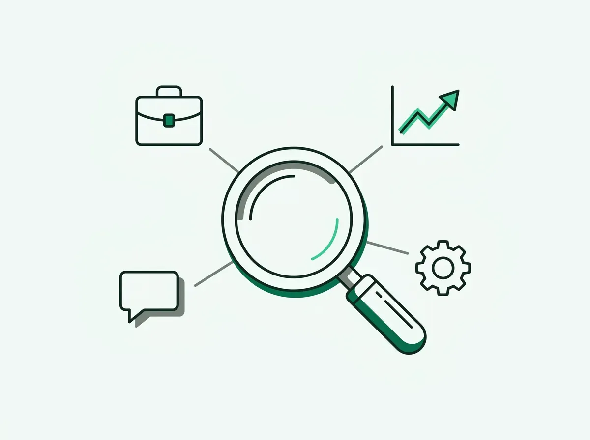 A magnifying glass surrounded by icons for hiring, intent, growth, and technology, symbolizing different lead sources.