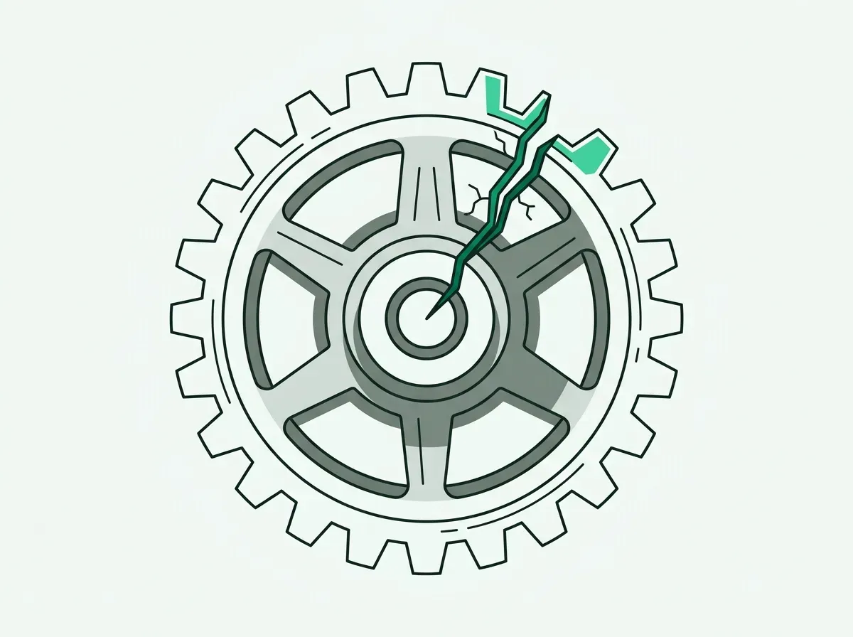 A large gear with a crack in it, representing the broken manual sales model.